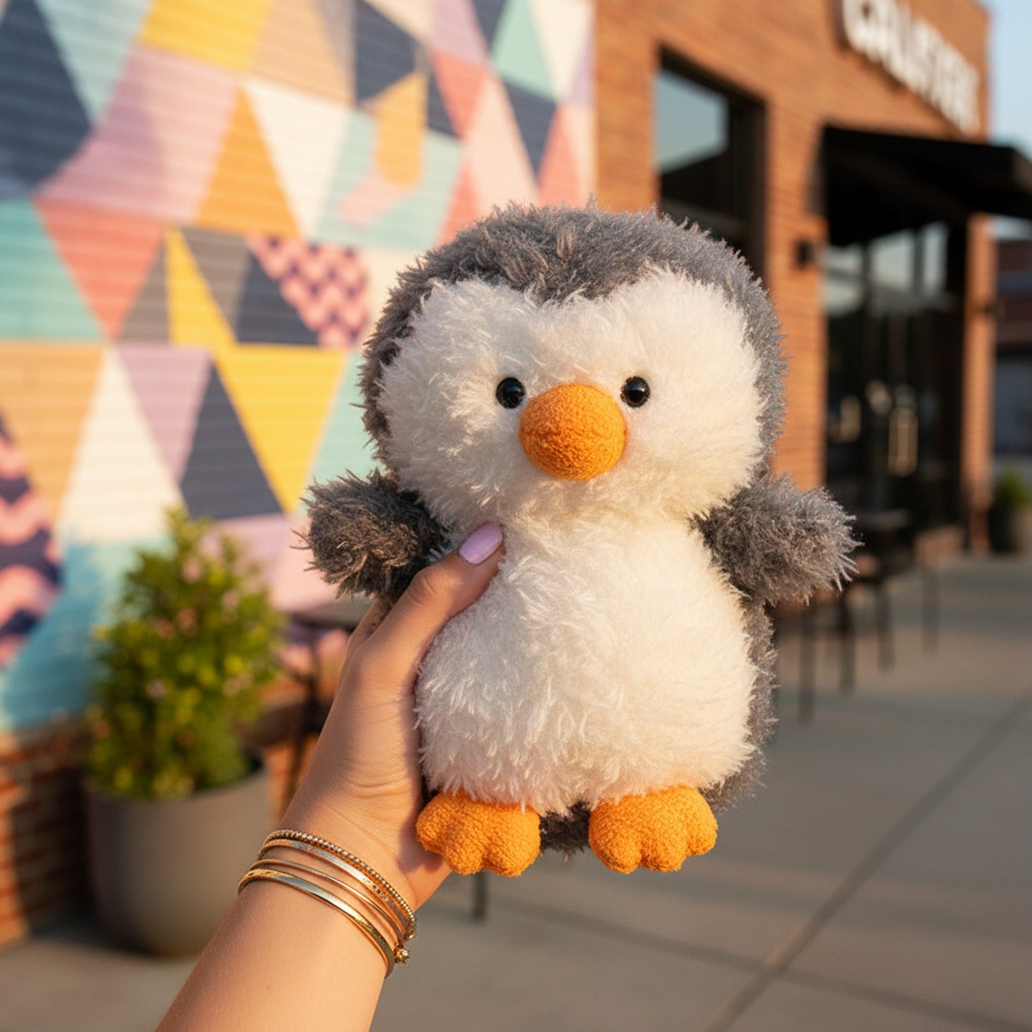 Cute Grey & White Fuzzy Penguin Plush Toy