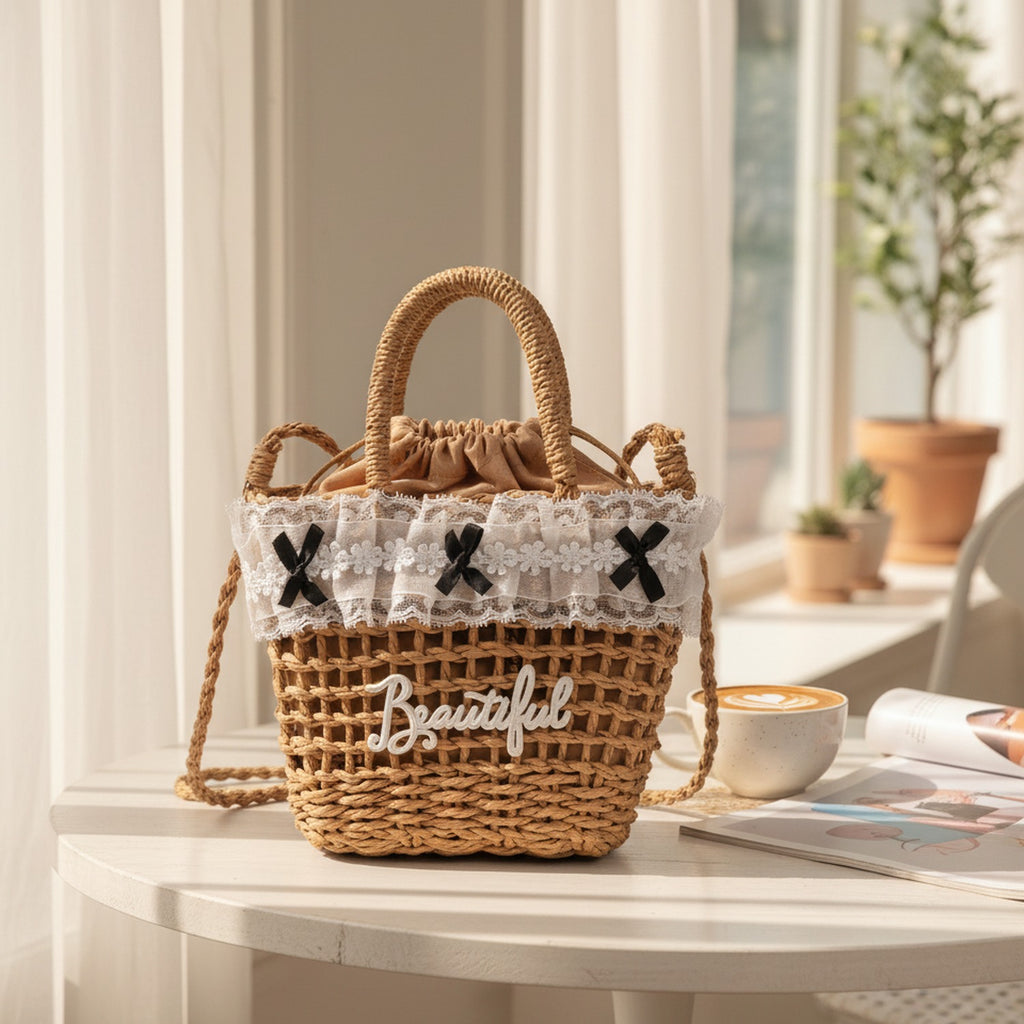 Woven Straw Basket Tote Bag with Lace Bow Trim