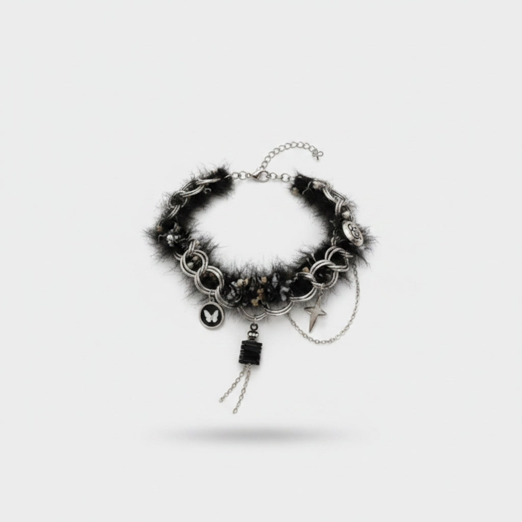 Black Fur Charm Necklace With Dangling Pendants