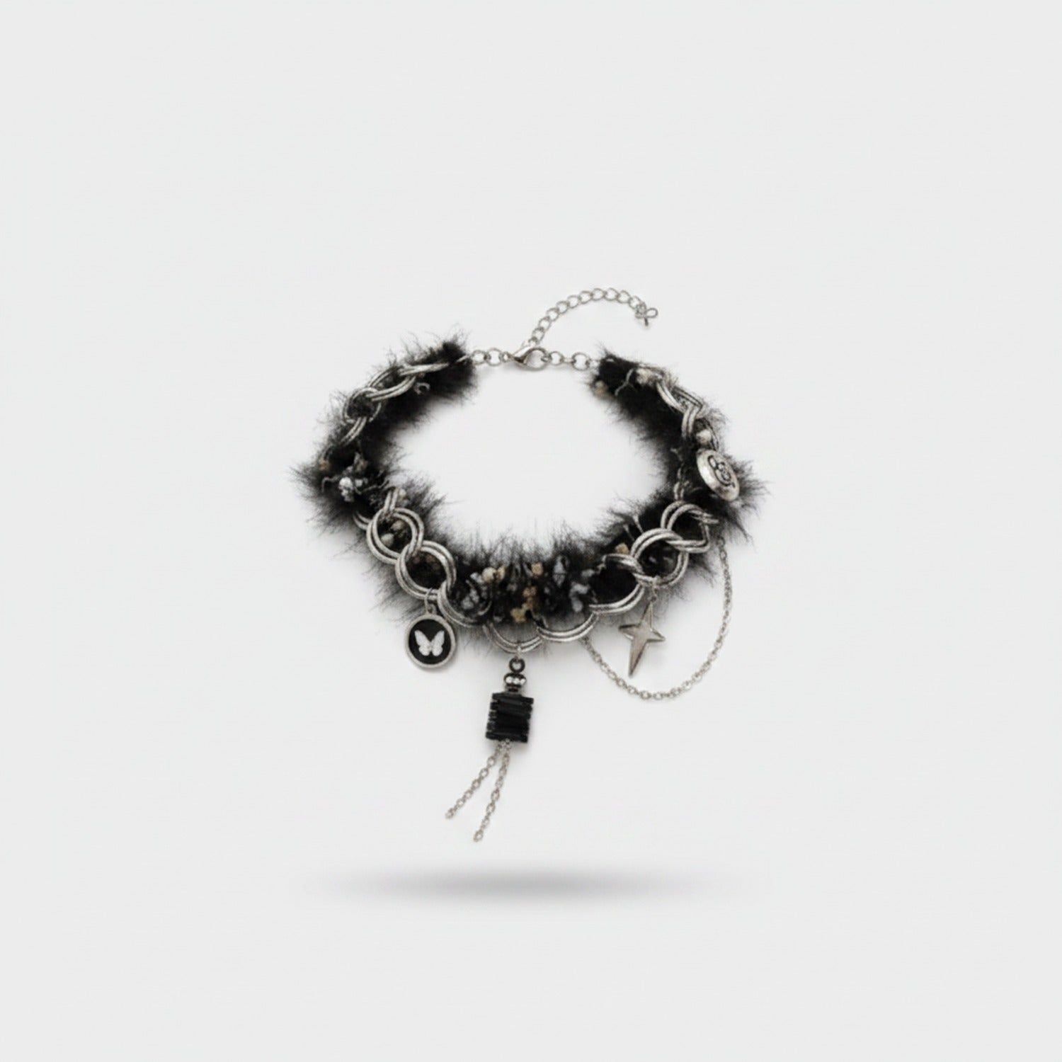 Black Fur Charm Necklace With Dangling Pendants