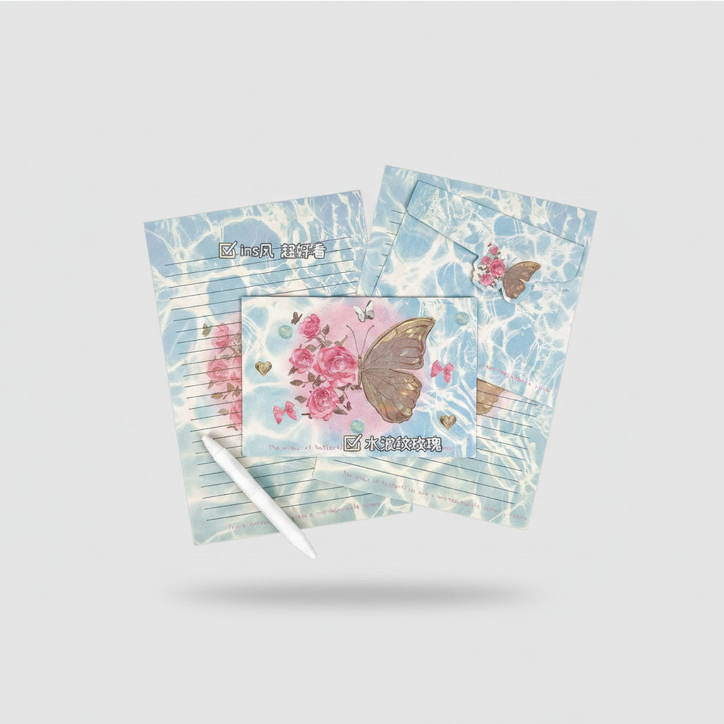 Butterfly Flower Letter Writing Paper Set Blue