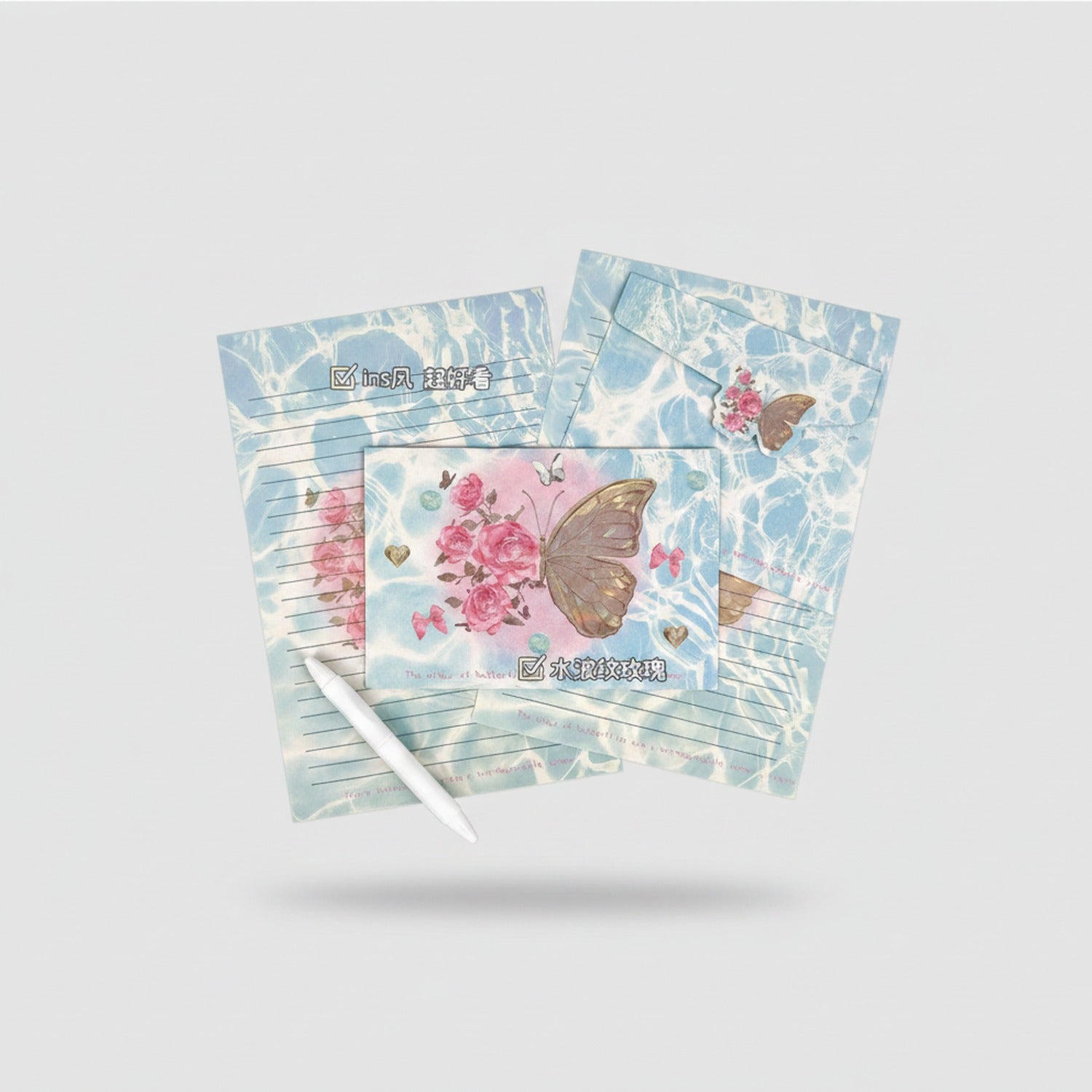Butterfly Flower Letter Writing Paper Set Blue