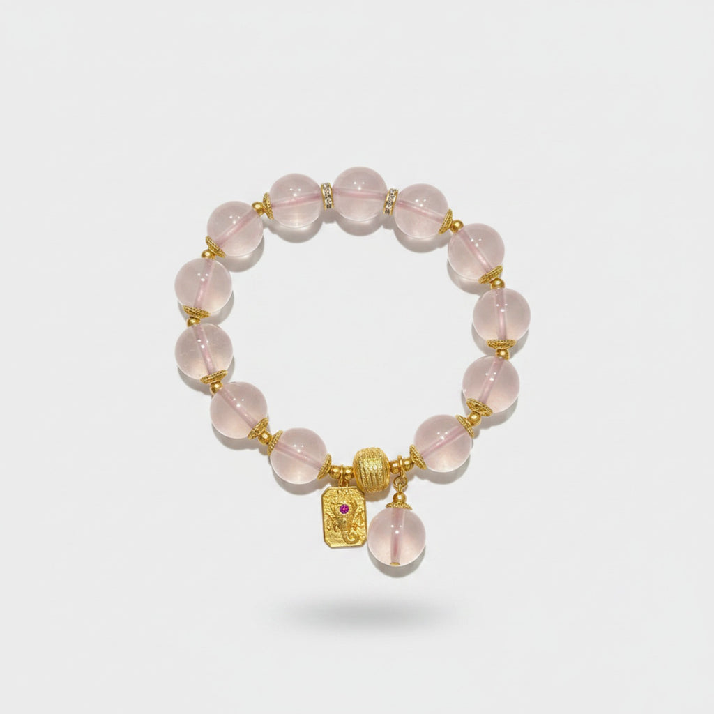 Rose Quartz Beaded Charm Bracelet Gold