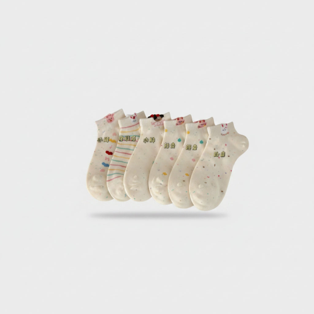 Cream Floral Ankle Socks Pack With Colorful Accents
