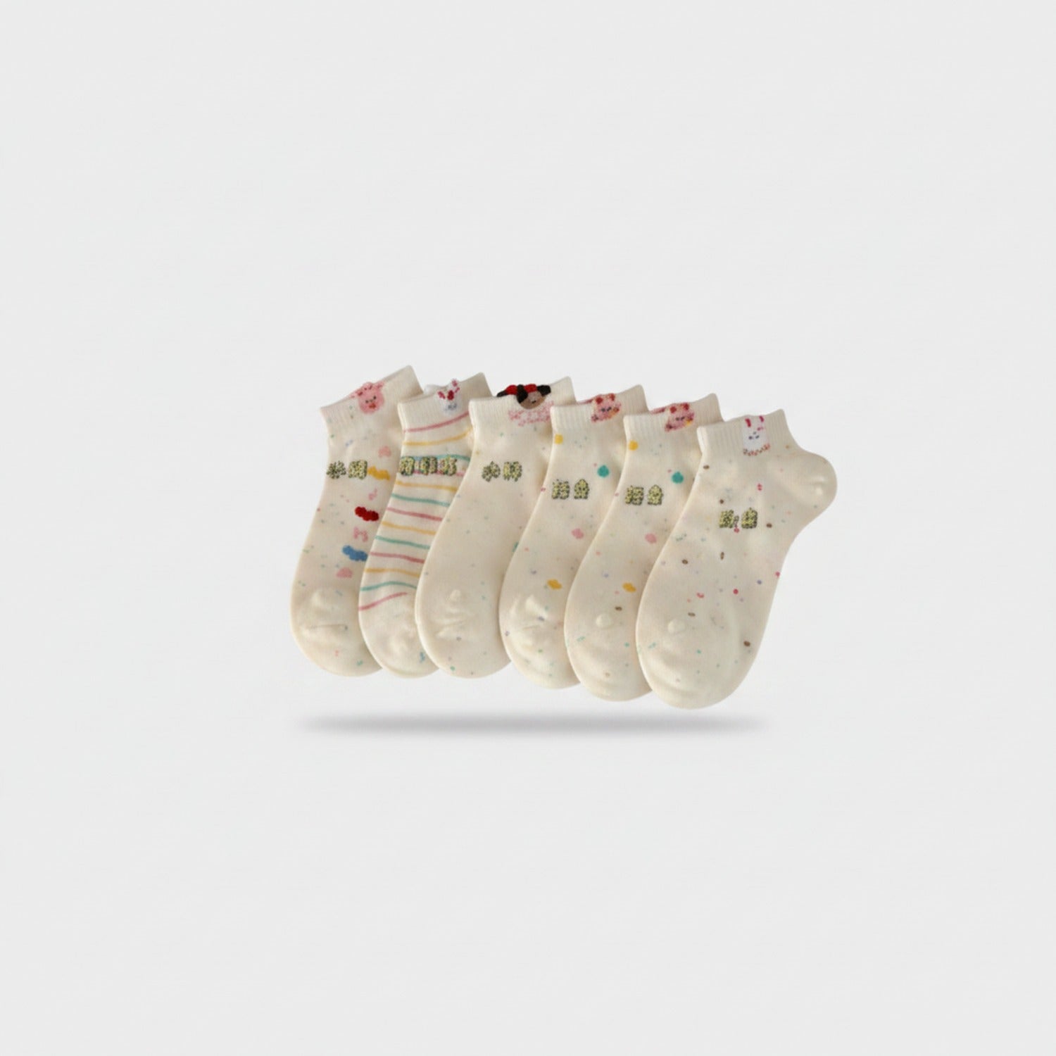 Cream Floral Ankle Socks Pack With Colorful Accents