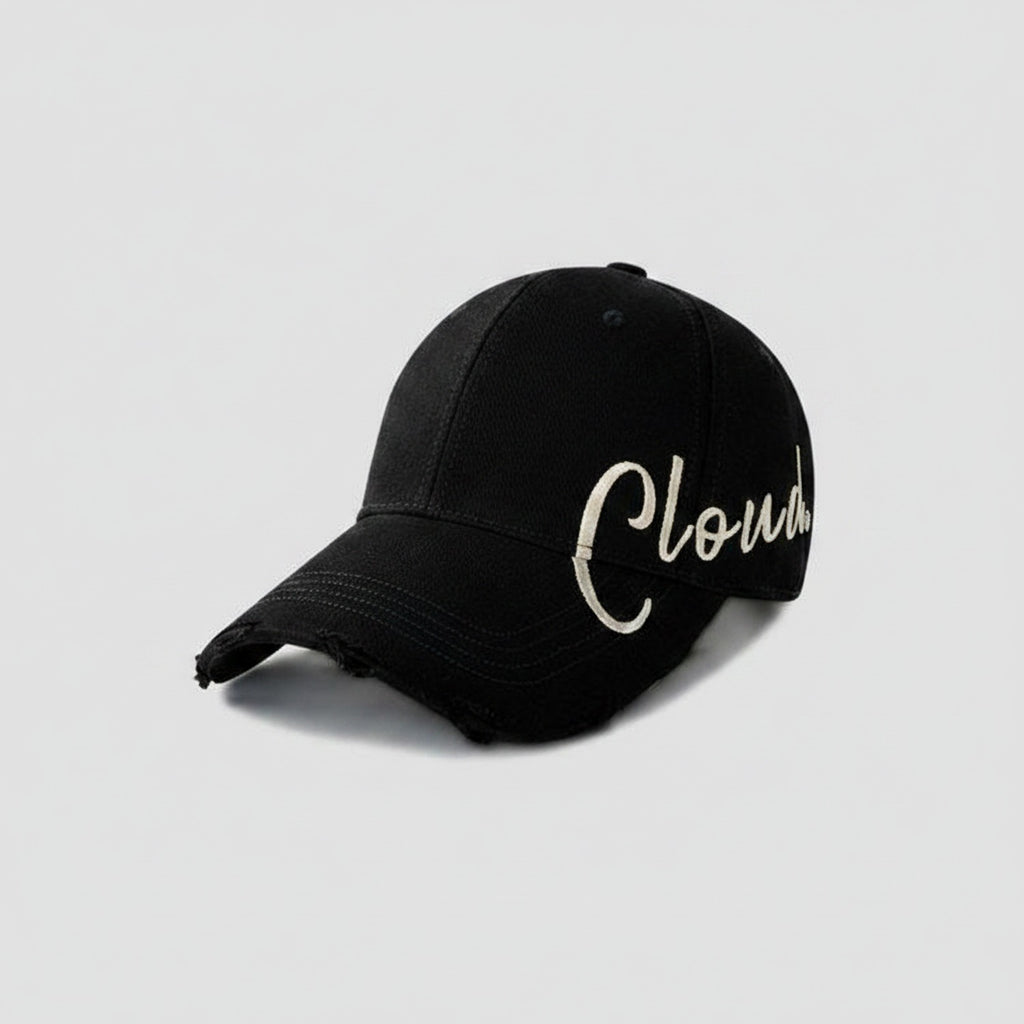 Black Distressed Baseball Cap With Script Embroidery