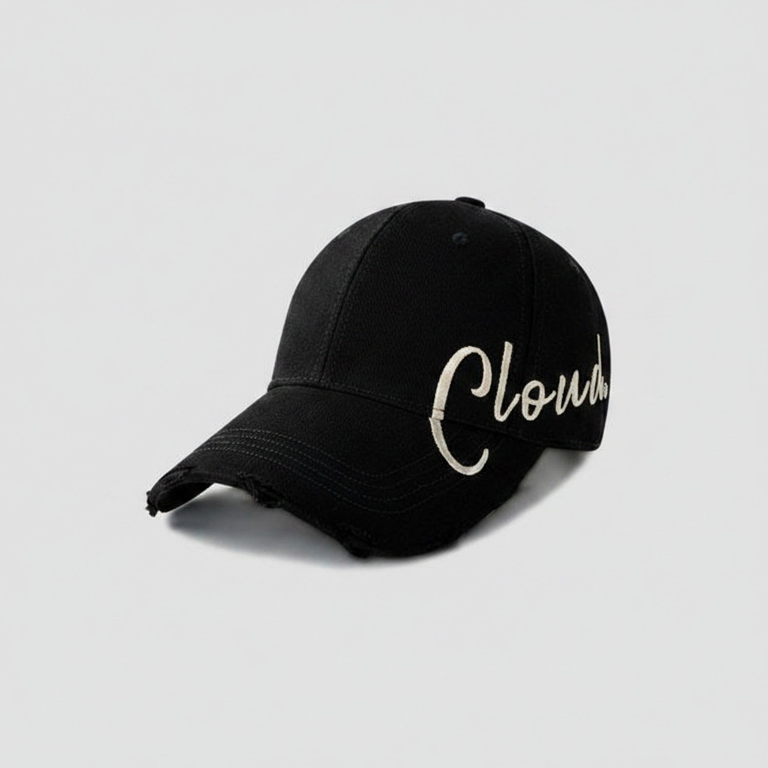 Black Distressed Baseball Cap With Script Embroidery