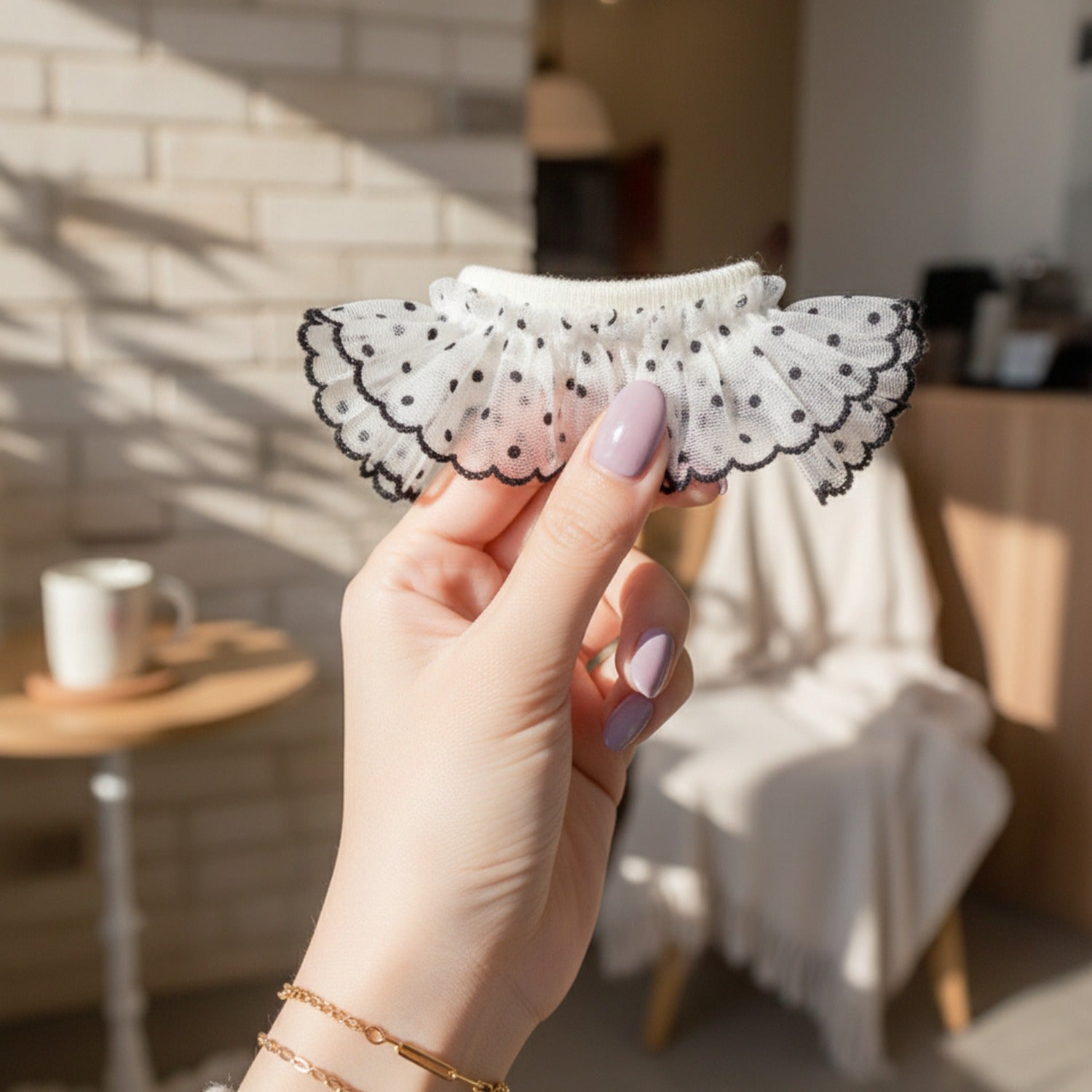 Cream Ribbed Crew Socks With Lace Ruffle