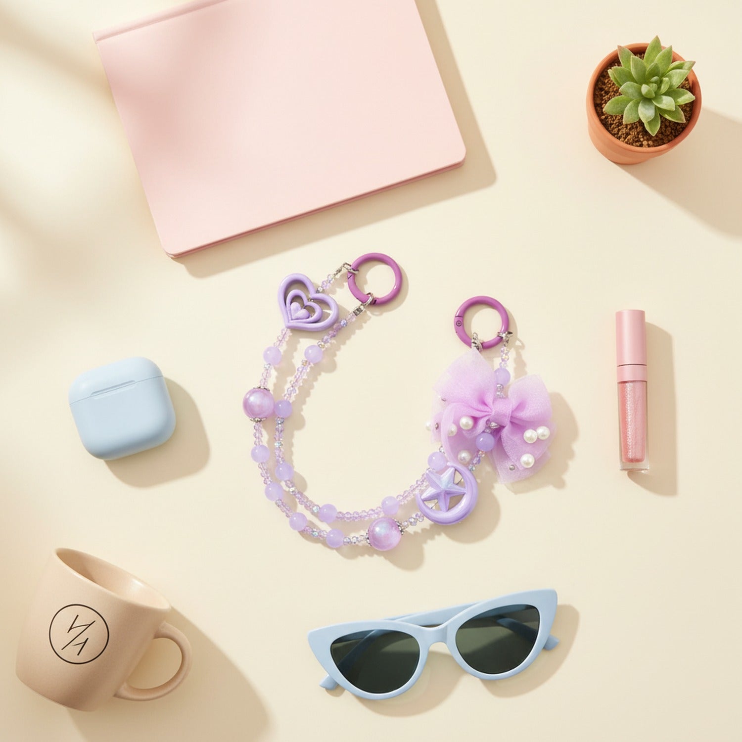Purple Acrylic Keyring With Beaded Chain And Bow Charm