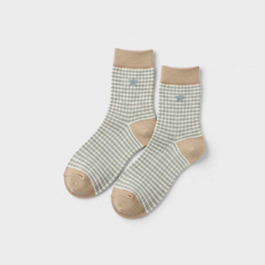 Gingham Star Crew Socks With Tan Trim