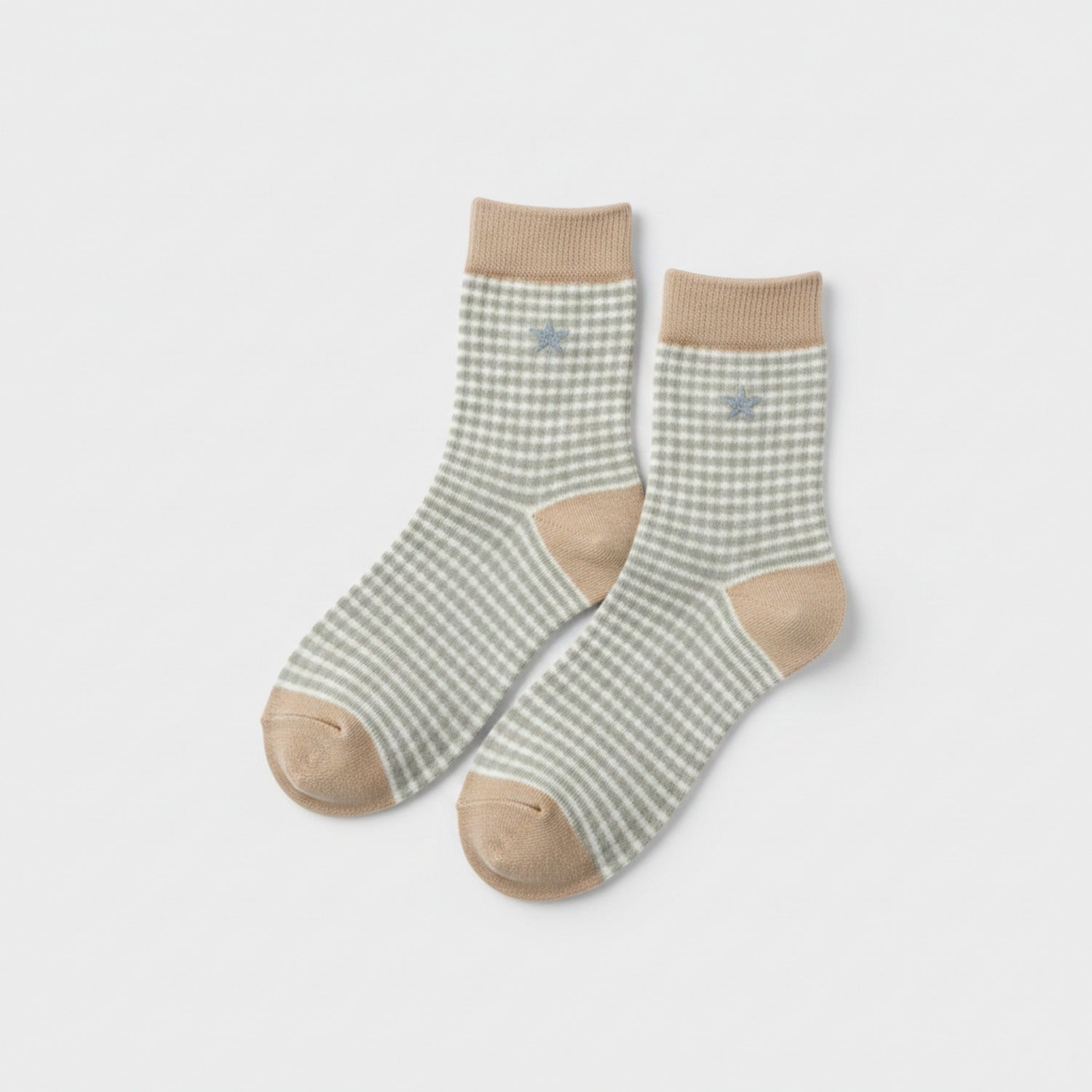 Gingham Star Crew Socks With Tan Trim