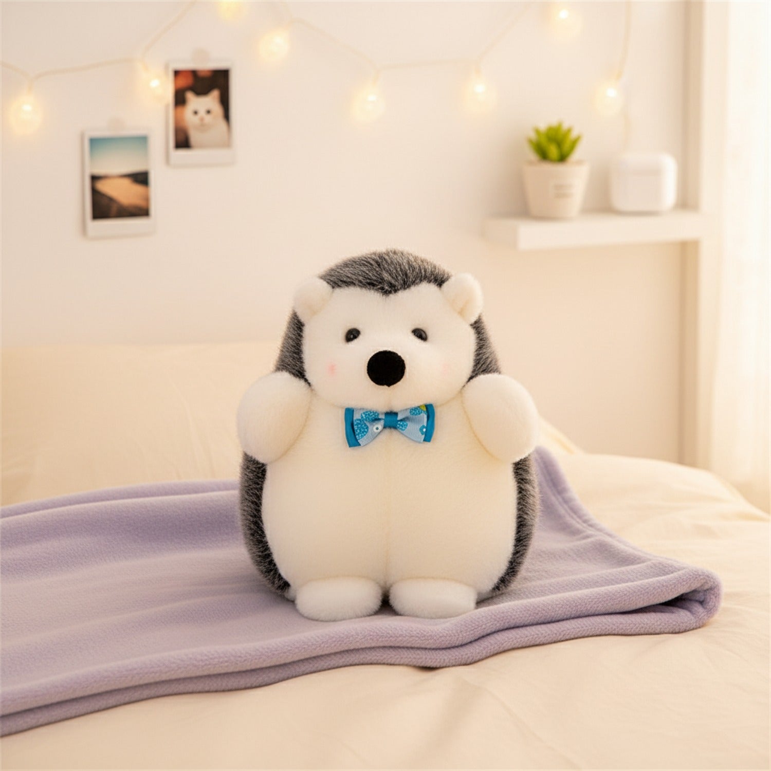 Adorable Gray & White Hedgehog Plush With Blue Bow