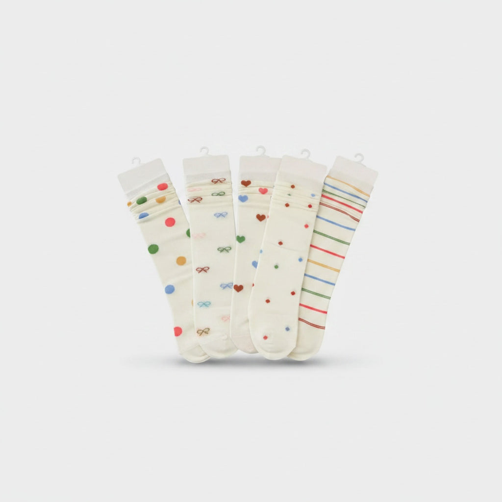 Cream Socks With Hearts Bows and Stripes 5-Pack
