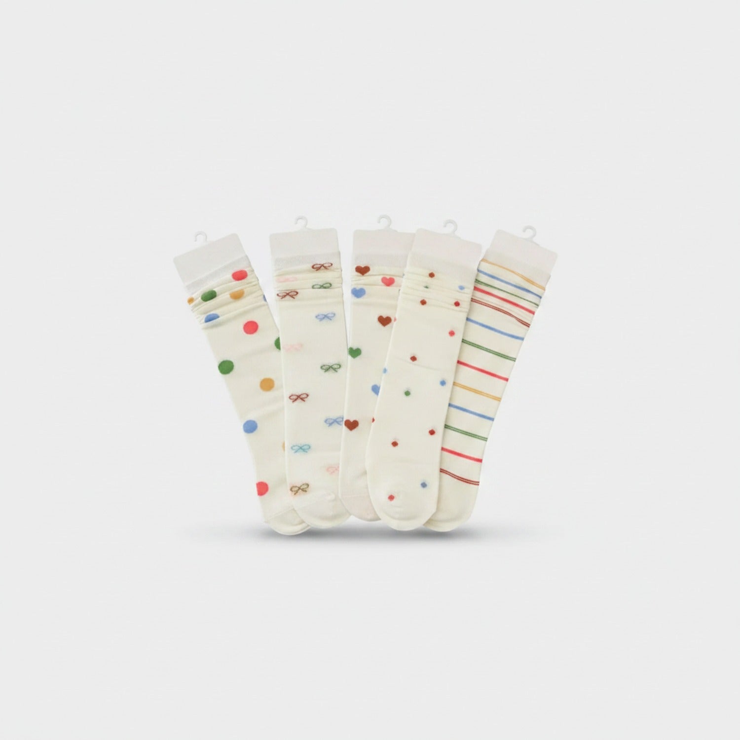 Cream Socks With Hearts Bows and Stripes 5-Pack