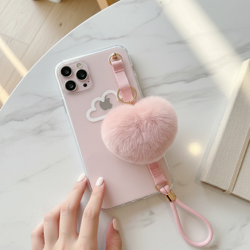 Beige Fuzzy Heart Pom Pom Keychain