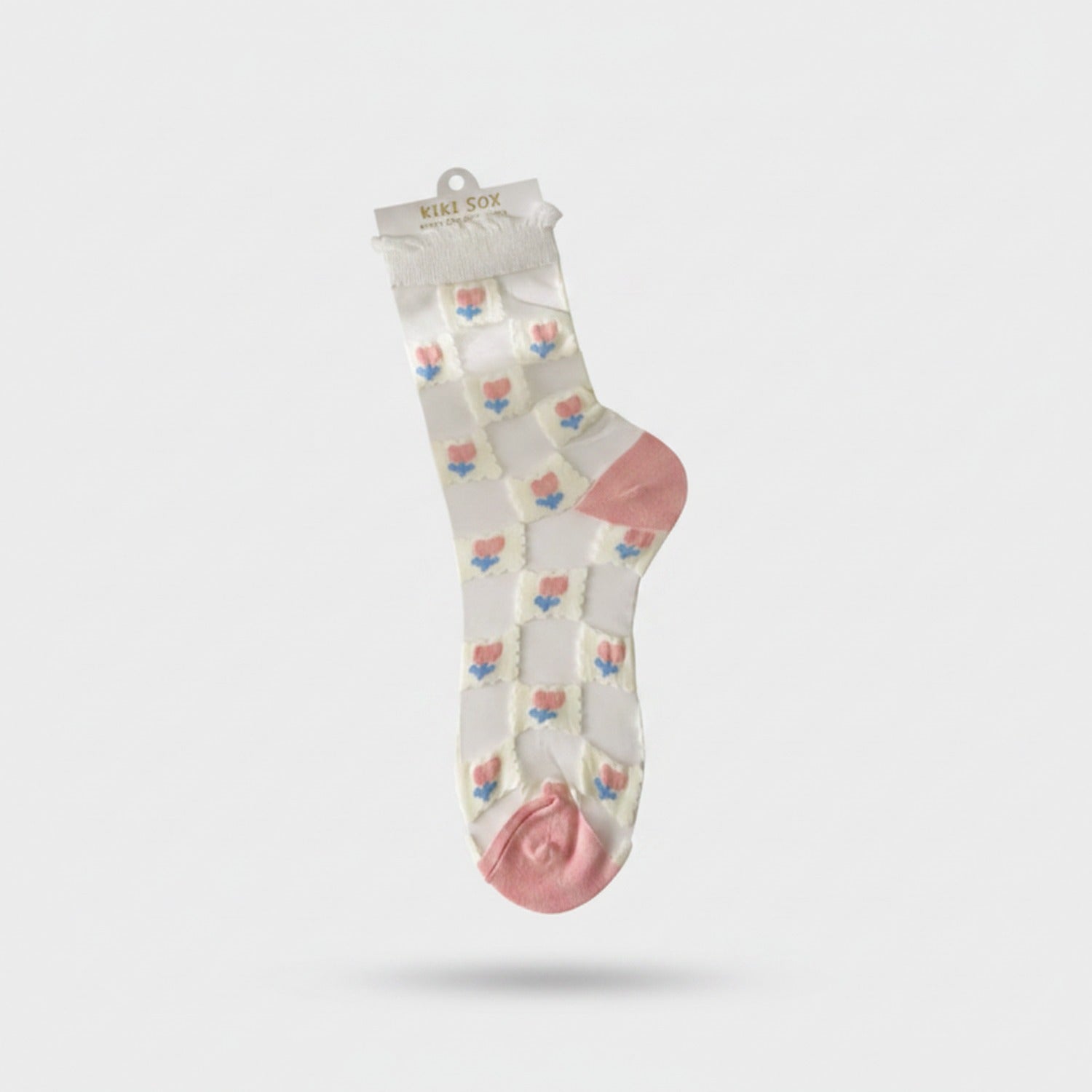Cream Floral Tulip Crew Socks With Pink Heel
