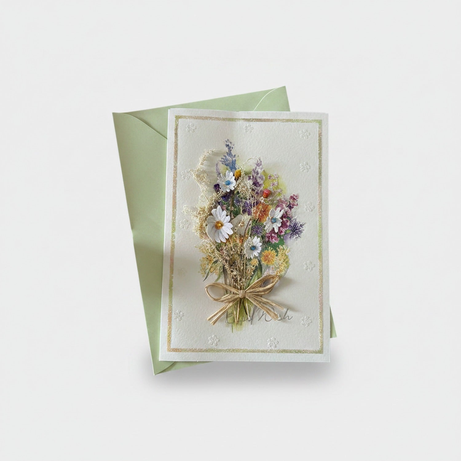Dried Flower Bouquet Greeting Card With Gold Bow