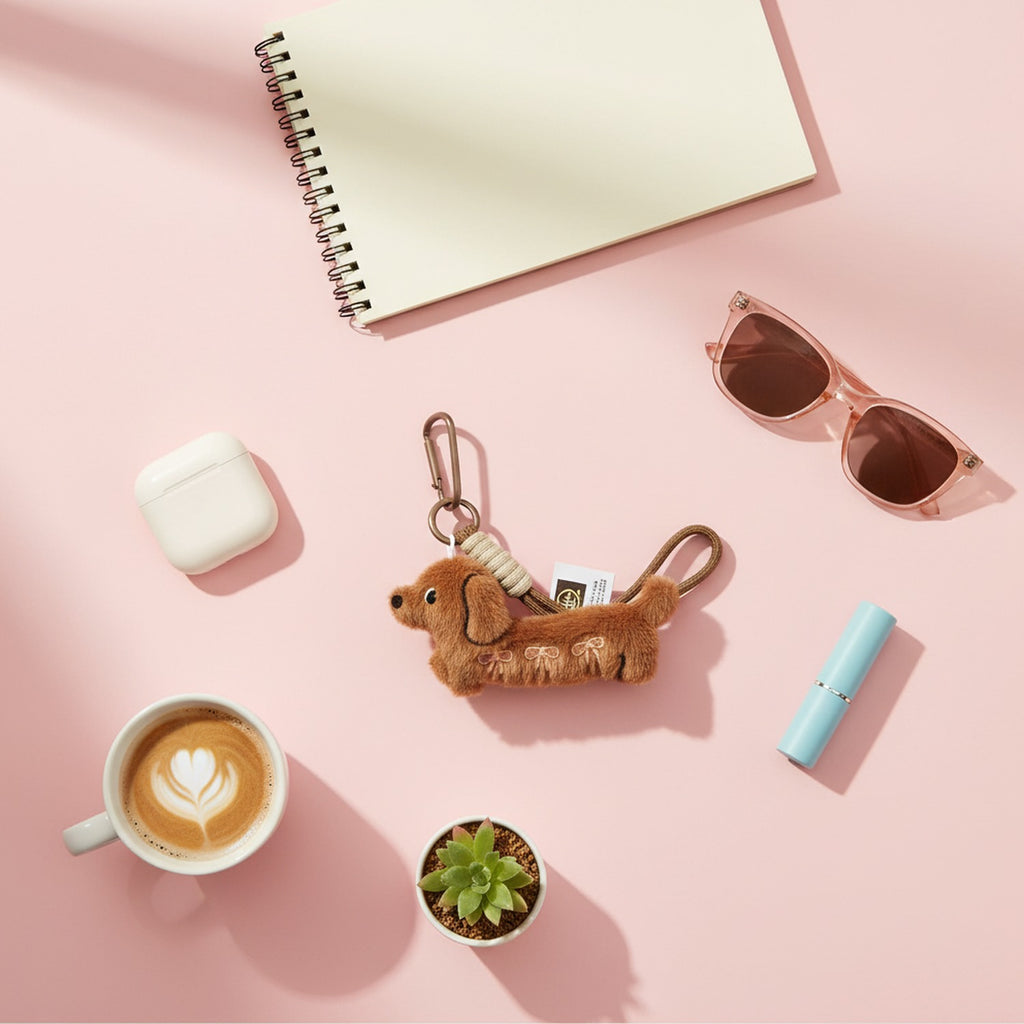 Fluffy Brown Dachshund Keychain With Bow Charms