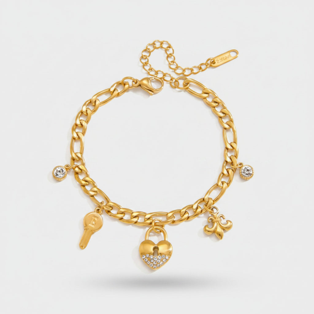 Gold Chain Charm Bracelet With Heart & Key Charms