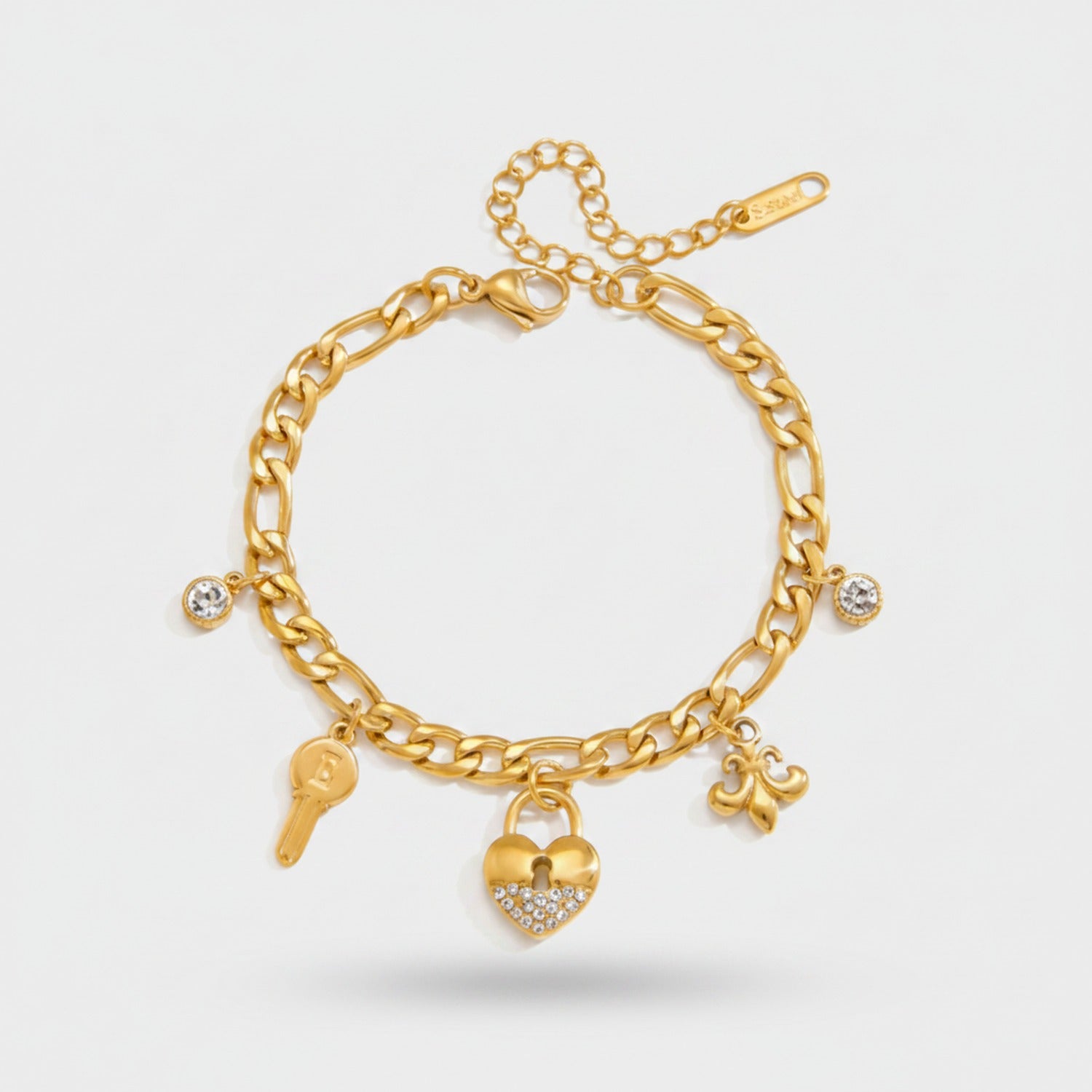 Gold Chain Charm Bracelet With Heart & Key Charms