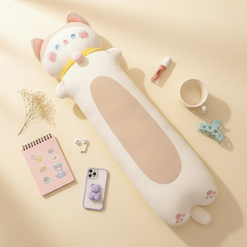 Lucky Cat Long Plush Toy With Gold Collar