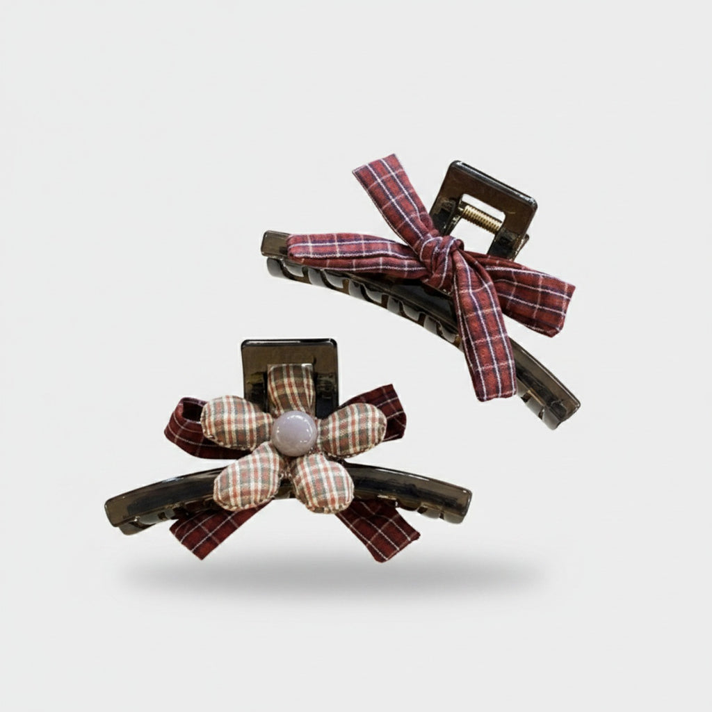 Plaid Hair Claw Clips with Pearl Center Bow