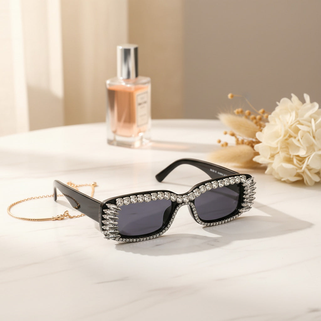 Black Rhinestone Rectangle Sunglasses With Fringe Detail