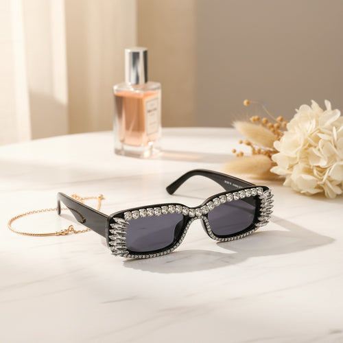Black Rhinestone Rectangle Sunglasses With Fringe Detail
