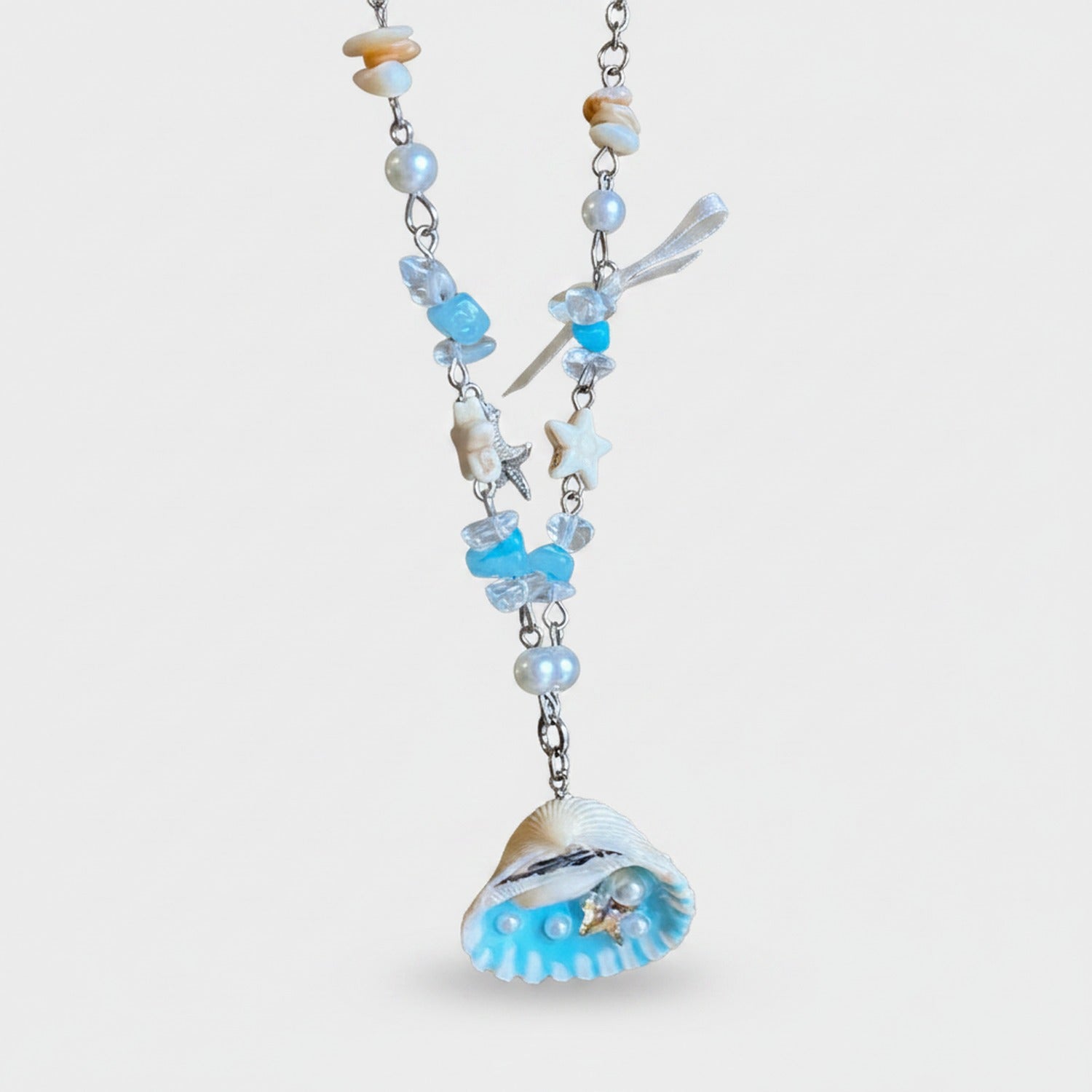 Blue Shell Pearl Beaded Charm Necklace