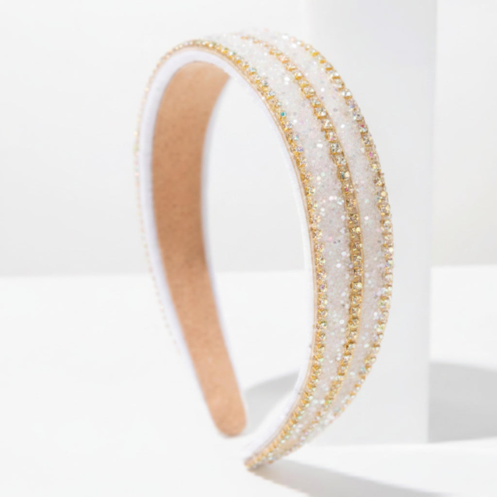 Beaded Rhinestone Padded Headband Gold White