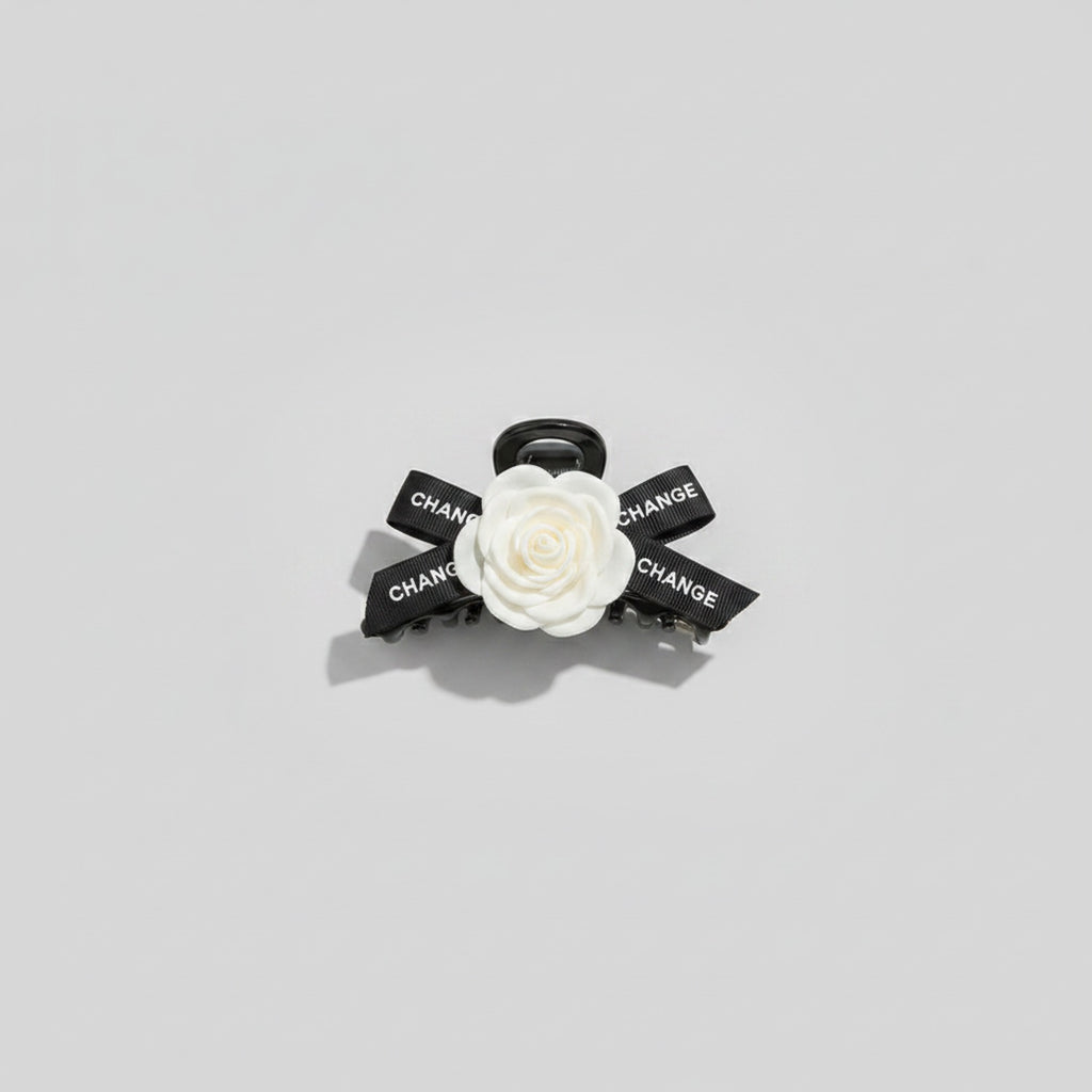 White Rose Black Bow Hair Claw Clip