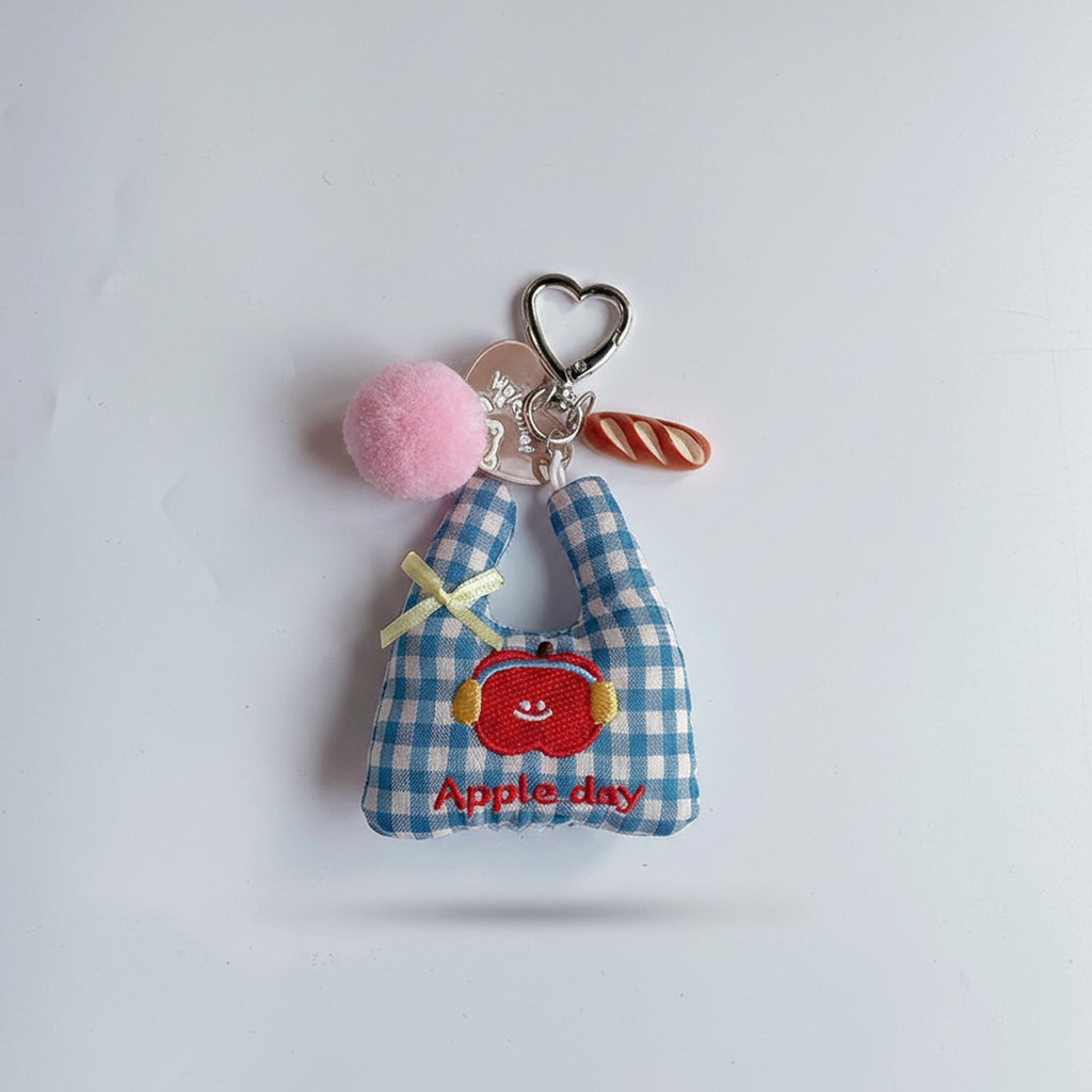 Blue Gingham Apple Charm Keyring With Pink Pom Pom