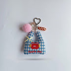 Blue Gingham Apple Charm Keyring With Pink Pom Pom