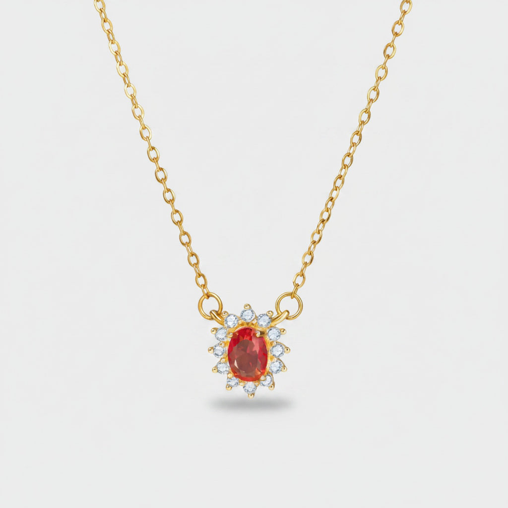 Red Oval Rhinestone Flower Pendant Gold Chain Necklace