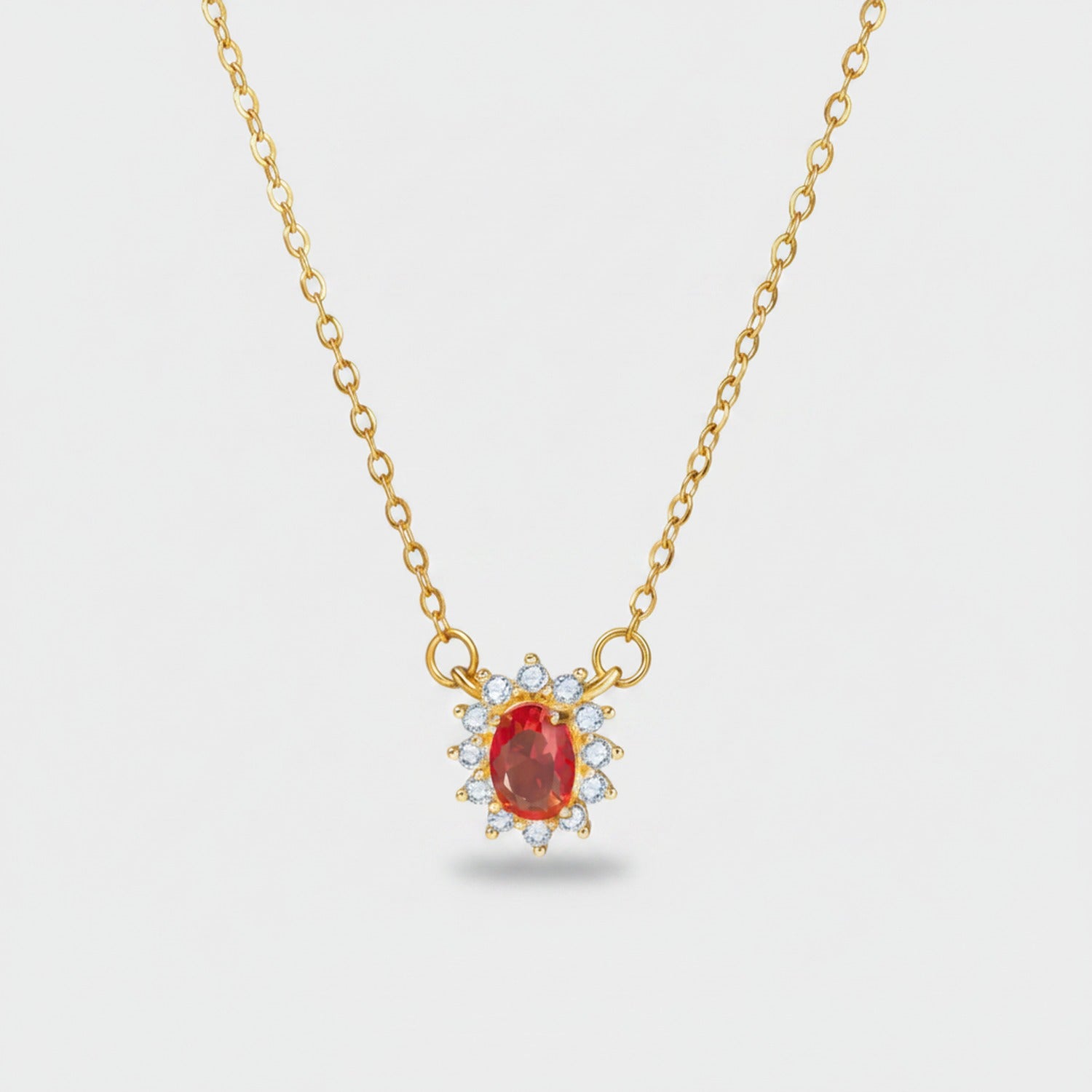 Red Oval Rhinestone Flower Pendant Gold Chain Necklace