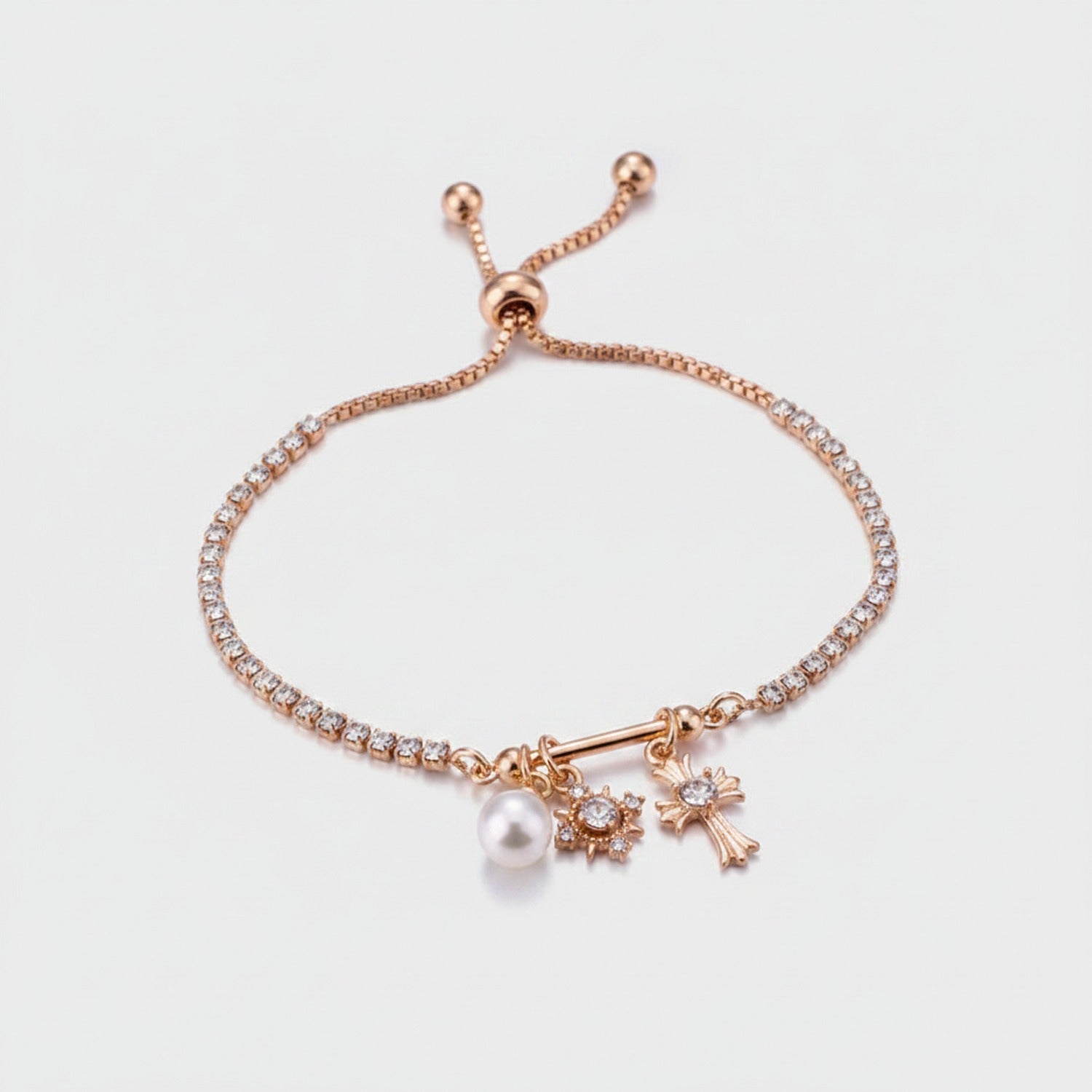 Rose Gold Pearl & Charm Adjustable Bracelet