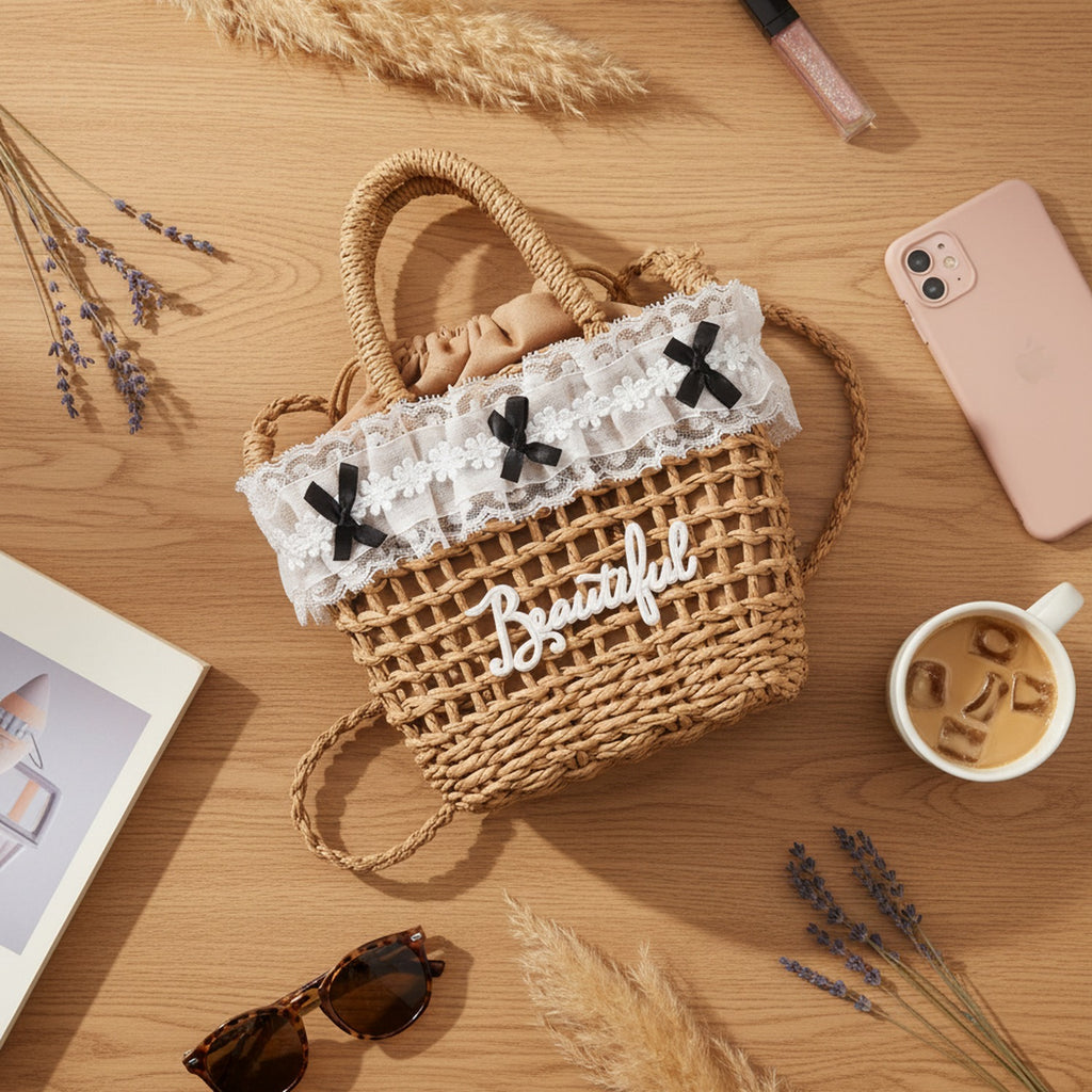 Woven Straw Basket Tote Bag with Lace Bow Trim