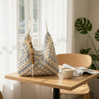 Cream Blue Crochet Tote Bag with Wooden Handle