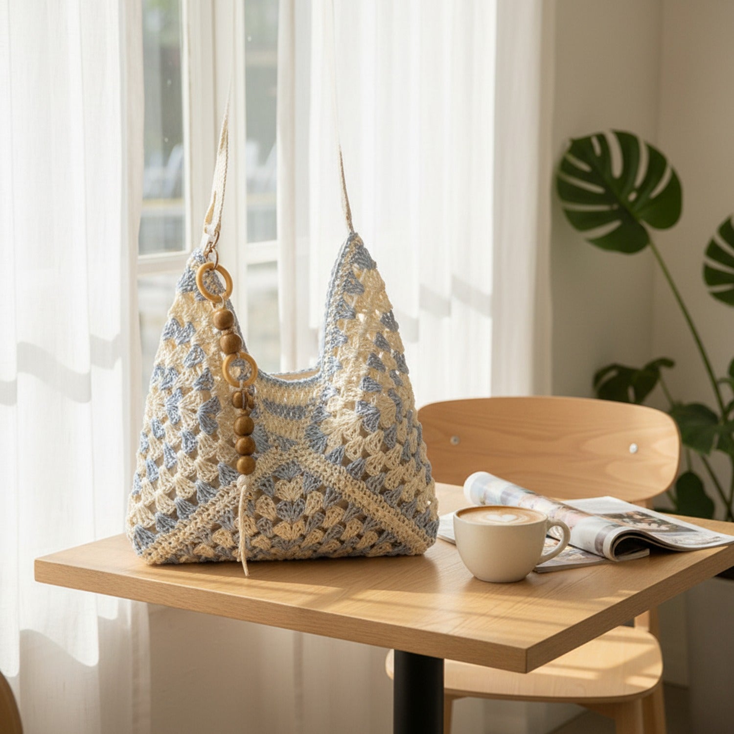 Cream Blue Crochet Tote Bag with Wooden Handle