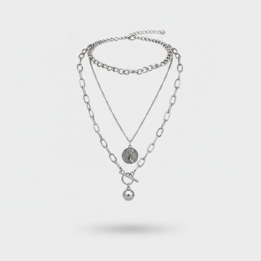 Silver Layered Chain Necklace With Coin Pendant
