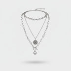 Silver Layered Chain Necklace With Coin Pendant