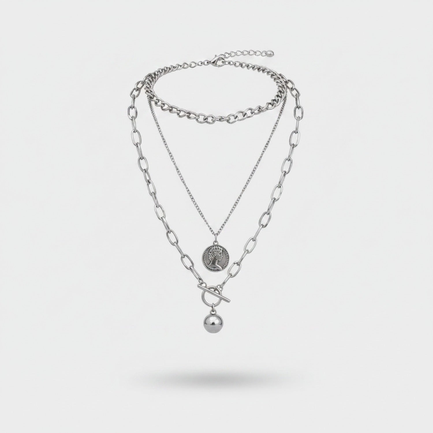 Silver Layered Chain Necklace With Coin Pendant