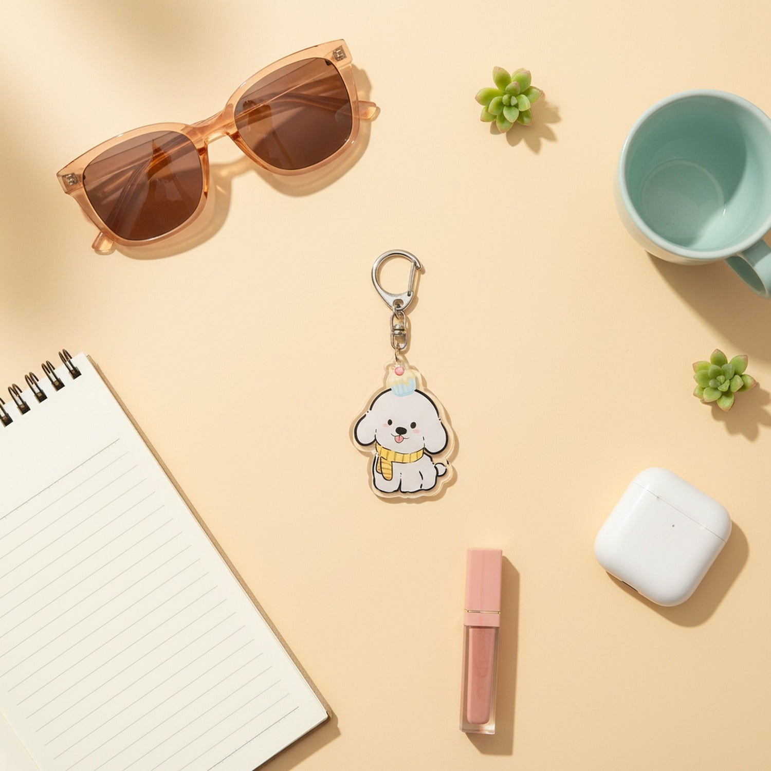 Cute White Puppy Acrylic Keyring With Cupcake Charm