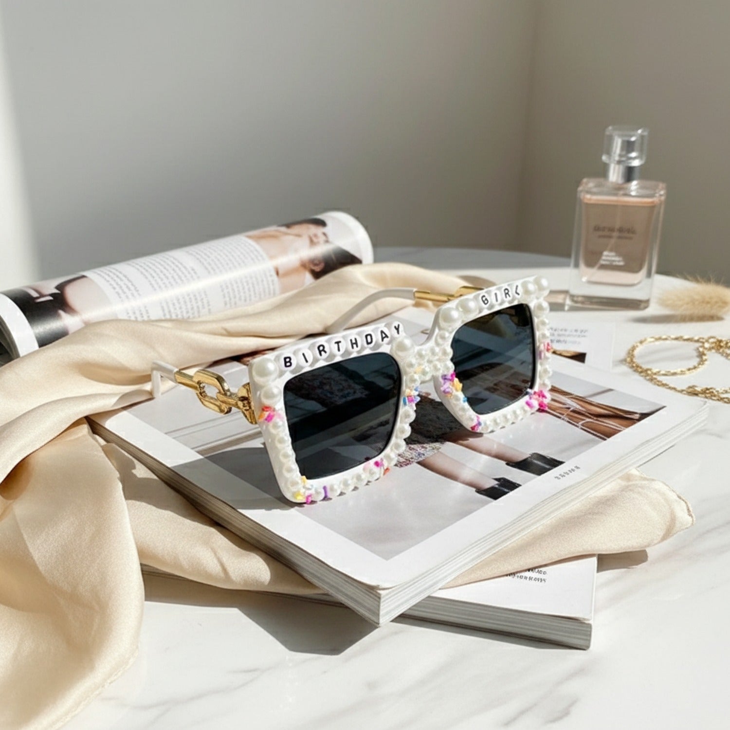Pearl Beaded Birthday Girl Pink Sunglasses
