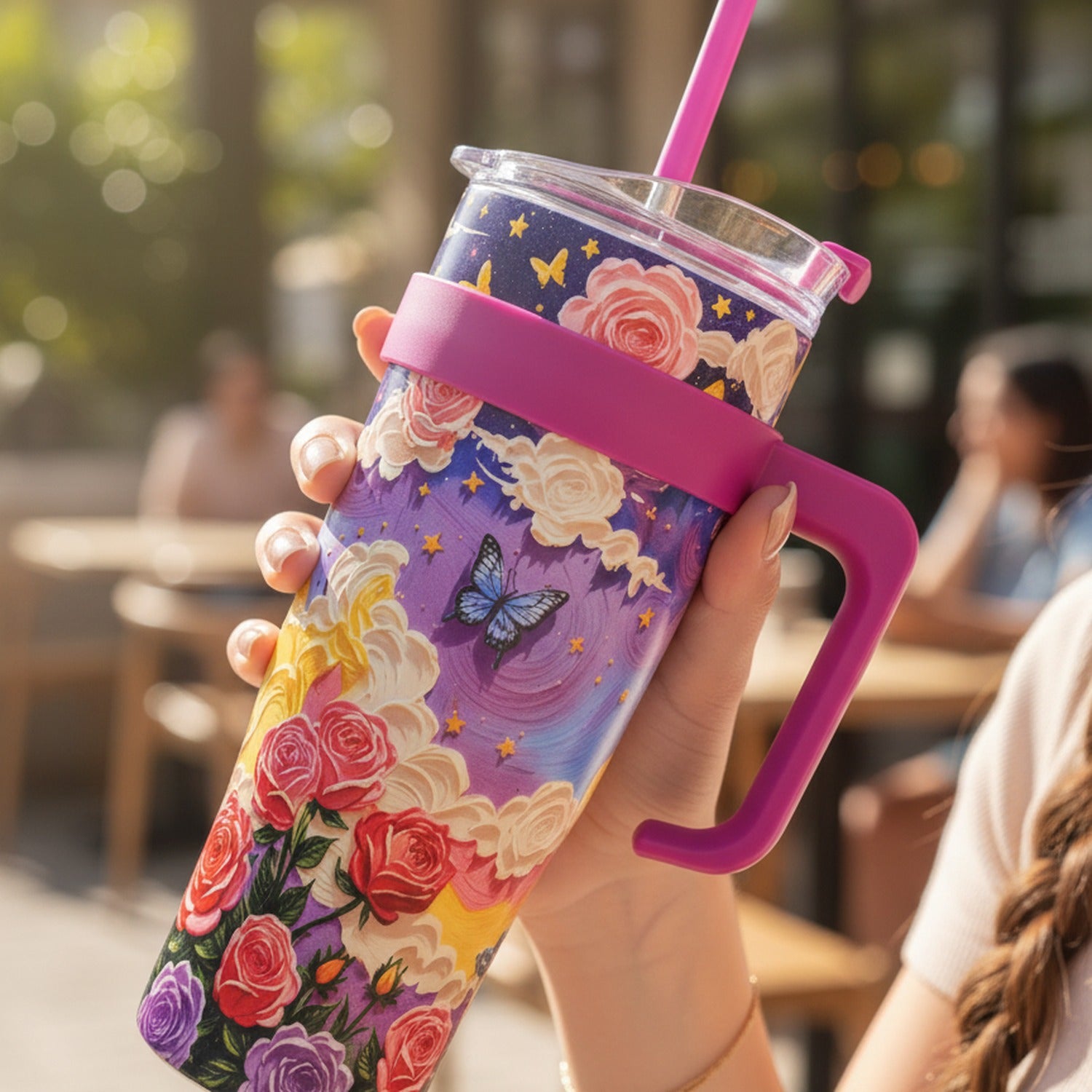 Floral Butterfly Insulated Tumbler with Handle and Straw