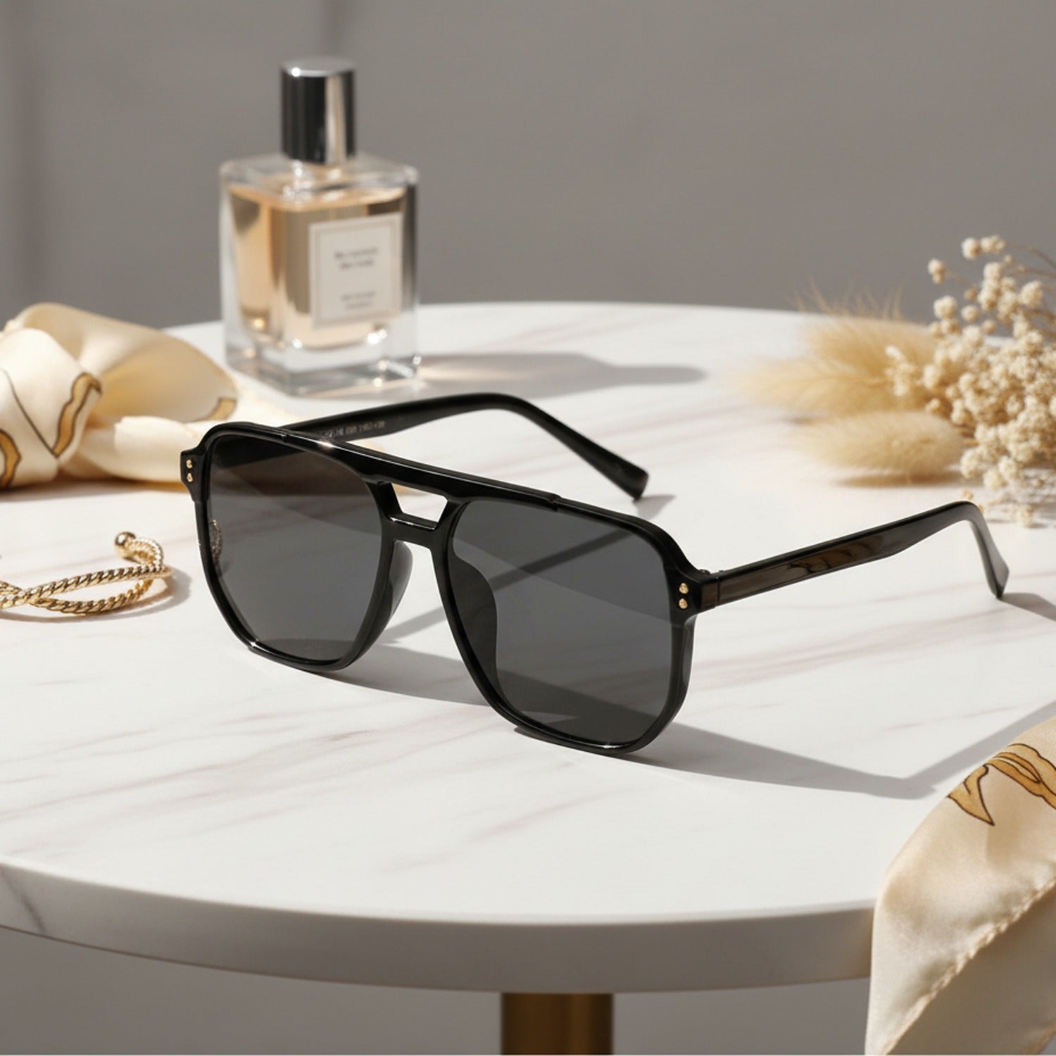 Black Square Aviator Sunglasses With Gold Studs