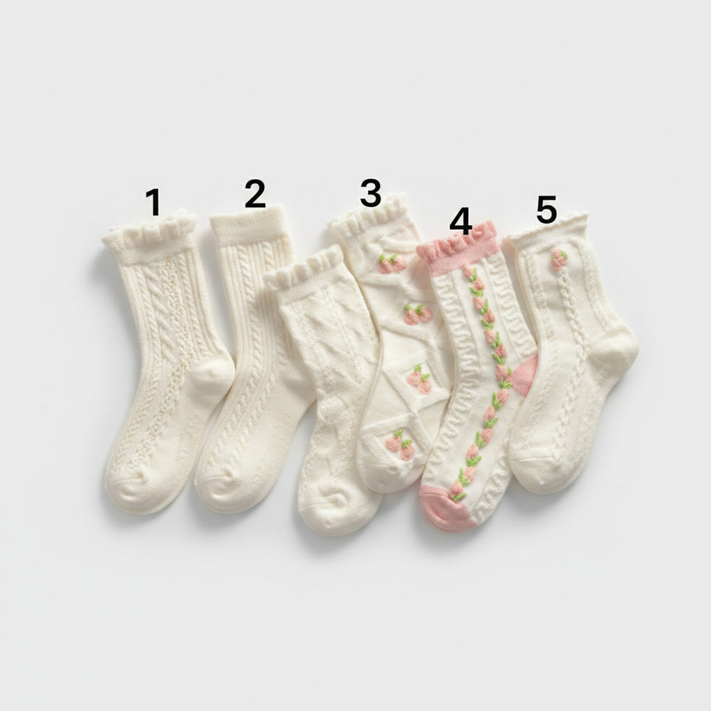 Cream Cable Knit Crew Socks With Floral Details