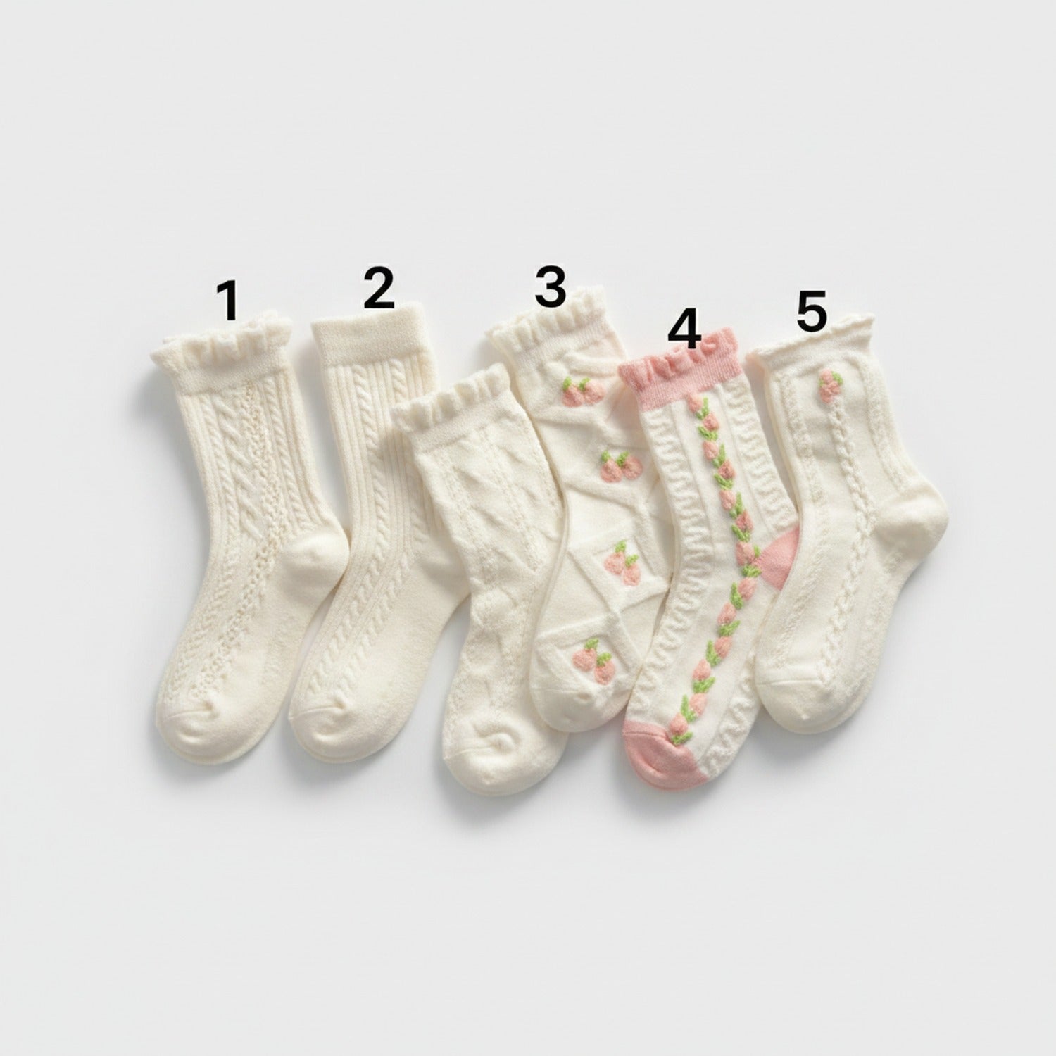 Cream Cable Knit Crew Socks With Floral Details
