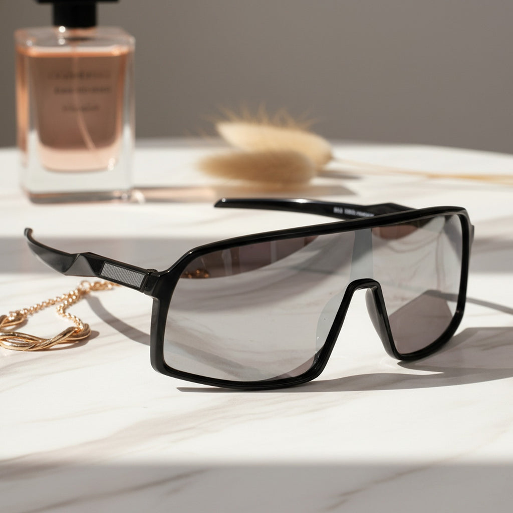 Black Shield Square Sunglasses With Textured Temple Arms