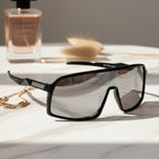 Black Shield Square Sunglasses With Textured Temple Arms